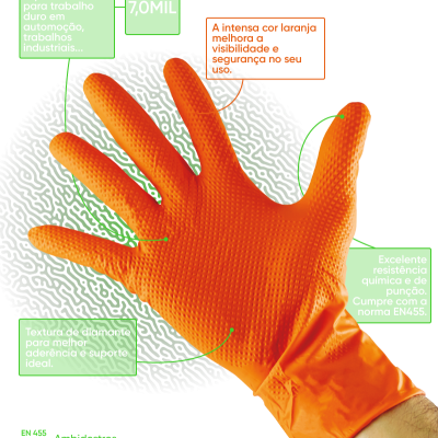 Luva industrial laranja com textura de diamante para proteção e aderência