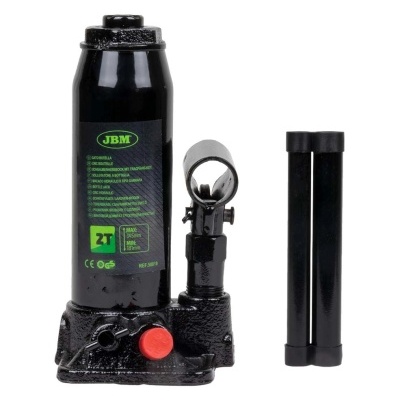 Macaco hidráulico de garrafa preto com botão vermelho e peça tubular preta