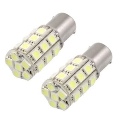 Duas lâmpadas LED retangulares com base metálica prateada e pequenos LEDs amarelos