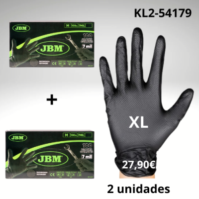 Caixas de luvas descartáveis JBM e mão com luva preta tamanho XL