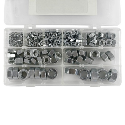 Conjunto de porcas metálicas em caixa plástica