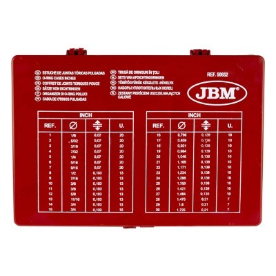 Estojo vermelho de juntas tóricas com tabela de medidas e marca JBM