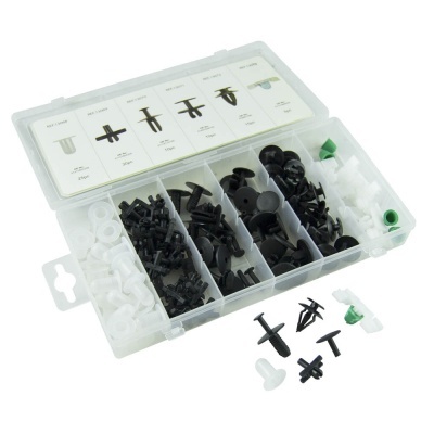 Caixa transparente com clipes e fixadores automóveis em plástico