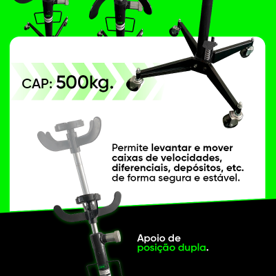 Elevador de caixas de velocidades preto com rodas e informações técnicas