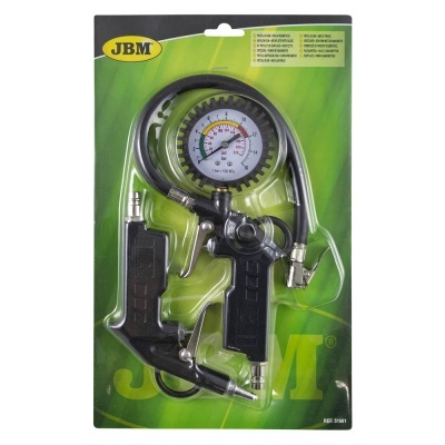 Manómetro de pressão JBM com cabo preto e mostrador circular em embalagem verde.