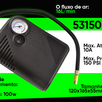 Bomba de ar portátil preta com manómetro e mangueira, texto com especificações técnicas