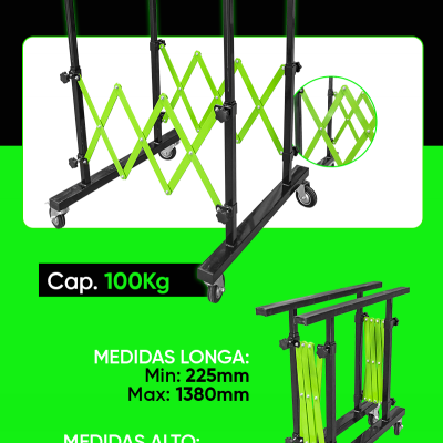 Estrutura metálica dobrável com rodas e extensores verdes fluorescentes