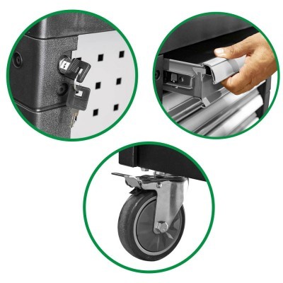 Detalhes de carrinho de ferramentas preto com fecho, puxador e roda