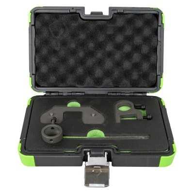 Estojo rígido aberto com ferramentas de metal cinza dentro