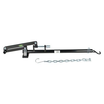 Barra de reboque hidráulica preta com corrente e ganchos, sobre fundo branco