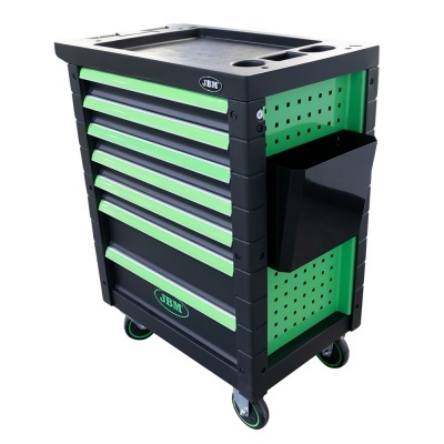 Carrinho de ferramentas preto com detalhes verdes e gavetas