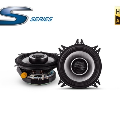 Par de altifalantes cinzentos e pretos da série S com logotipos