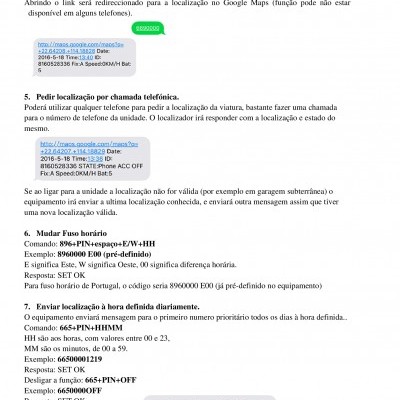 Página impressa com texto em português, comandos e URLs para localização de viatura via SMS e chamadas telefónicas