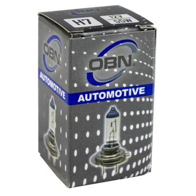 Embalagem de lâmpada automotiva OBN H7 12V 55W com design cinza, azul e branco