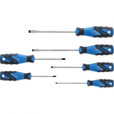 Conjunto de seis chaves de fendas com cabos azuis e pretos, pontas metálicas