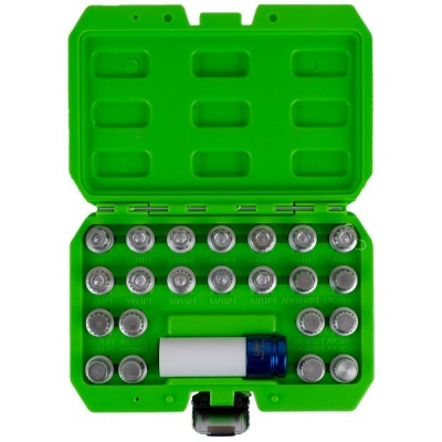 Conjunto de chaves de caixa em estojo verde com várias peças cilíndricas