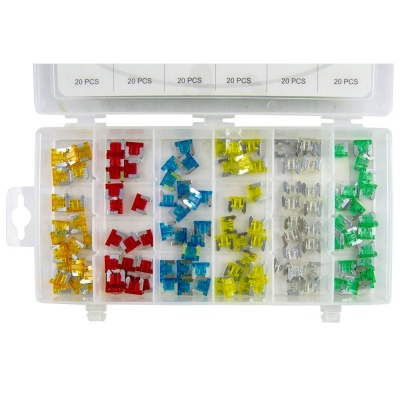 Estojo plástico com 120 fusíveis automotivos coloridos