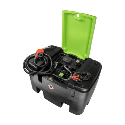 Recipiente preto com tampa verde, mangueiras e conexões para líquidos