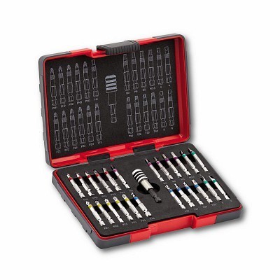 Conjunto de pontas de parafusos em caixa preta e vermelha