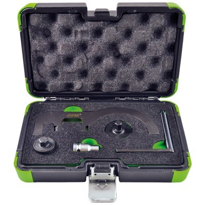 Estojo de ferramentas metálicas com interior de espuma preta e proteção verde