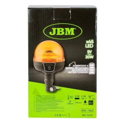 Caixa do produto luz aviso LED JBM laranja e preto com texto técnico