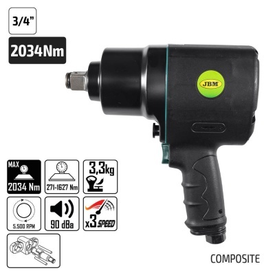 Pistola de impacto pneumática preta com indicação 3/4 e 2034 Nm