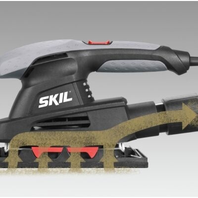 Lixadora eléctrica SKIL preta e cinza com punho texturizado e tubo de aspiração.