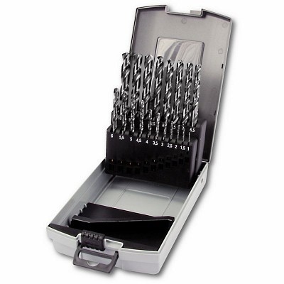 Conjunto de brocas de metal em caixa de plástico cinza e preto com medidas impressas