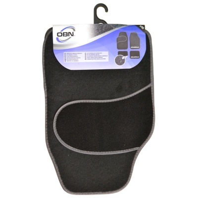 Conjunto de tapetes para carro OBN pretos com bordas cinza na embalagem