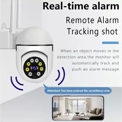 câmara de segurança branca com antenas e texto em inglês sobre alarme em tempo real