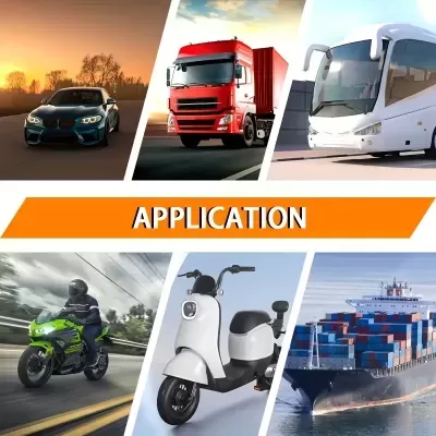 Seis tipos de veículos: carro, camião, autocarro, moto, scooter e navio com texto APPLICATION