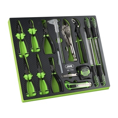 Conjunto de ferramentas diversas organizadas numa base preta com espuma verde e texto JBM REF. 17140