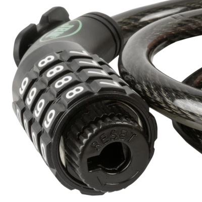 Cadeado de combinação preto com números brancos e cabo revestido de fibra de carbono