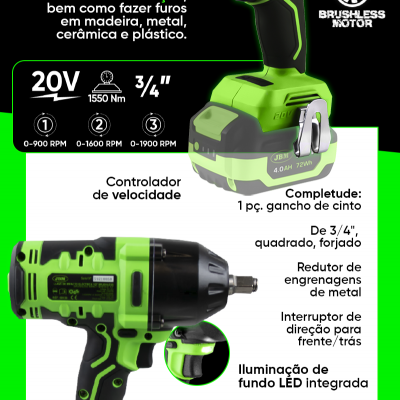 Parafusadora/desparafusadora verde e preta JBM com bateria 20V e iluminação LED.