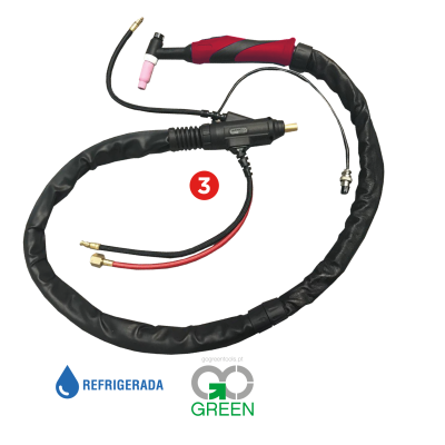 Tocha de soldadura preta e vermelha com capa preta e cabos vermelhos e pretos.