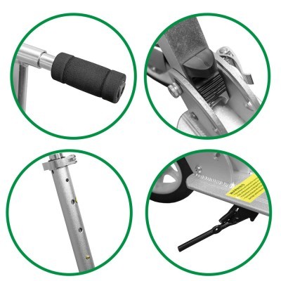 Detalhes do produto metálico prateado com punho de espuma preta e mecanismo ajustável