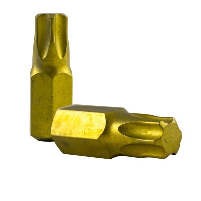 Dois bits de chave de fendas hexagonais dourados sobre fundo branco