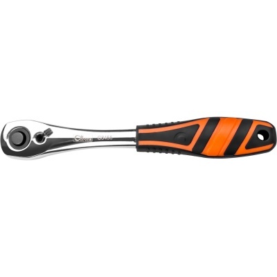 Chave de catraca com cabo laranja e preto e corpo metálico prateado