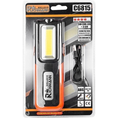 Lanterna de trabalho Richmann C6815 preta e laranja com cabo USB em embalagem