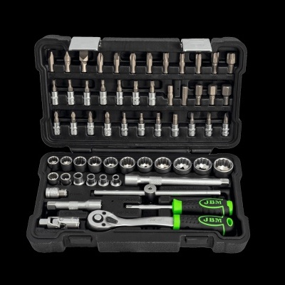 Conjunto de ferramentas JBM organizado numa caixa preta com várias peças metálicas