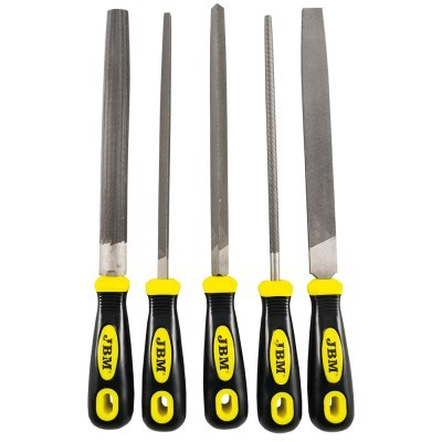 Conjunto de cinco limas com cabos pretos e amarelos e marca JBM