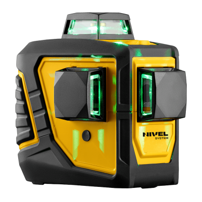 Máquina niveladora laser preta e amarela com luzes verdes e texto NIVEL SYSTEM