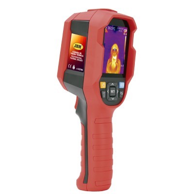 Câmara térmica vermelha e preta JBM com ecrã LCD mostrando imagem térmica de um pato