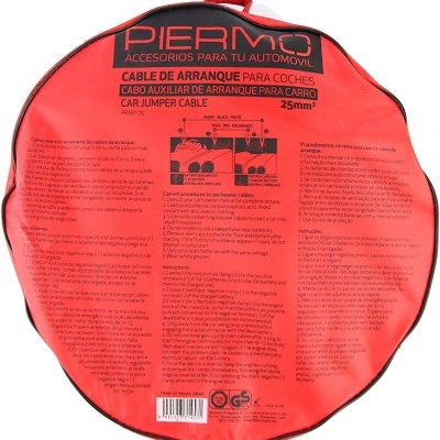 Bolsa vermelha redonda com cabo de arranque para automóvel e texto instrutivo em espanhol e português