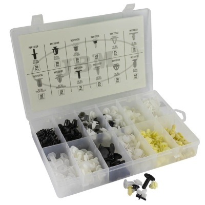 Caixa transparente com presilhas e grampos de plástico preto, branco e amarelo