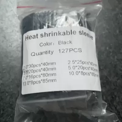 Embalagem plástica com manga termorretrátil preta e etiqueta com texto em inglês