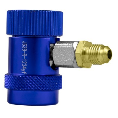 Conector metálico azul com encaixe em latão dourado e número impresso