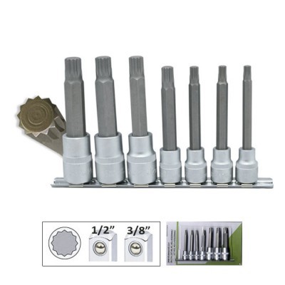 Conjunto de soquetes de diferentes tamanhos com pontas estriadas em suporte metálico.