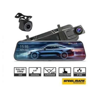 Conjunto de câmara automóvel com ecrã digital e câmara traseira, texto Steel Mate Automotive e ícones funcionais.
