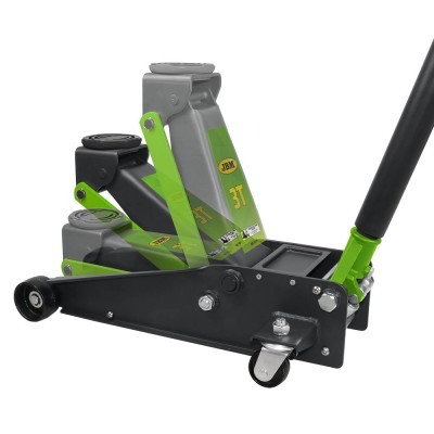 Macaco hidráulico preto e verde com alavanca e rodas, etiqueta JBM 3T